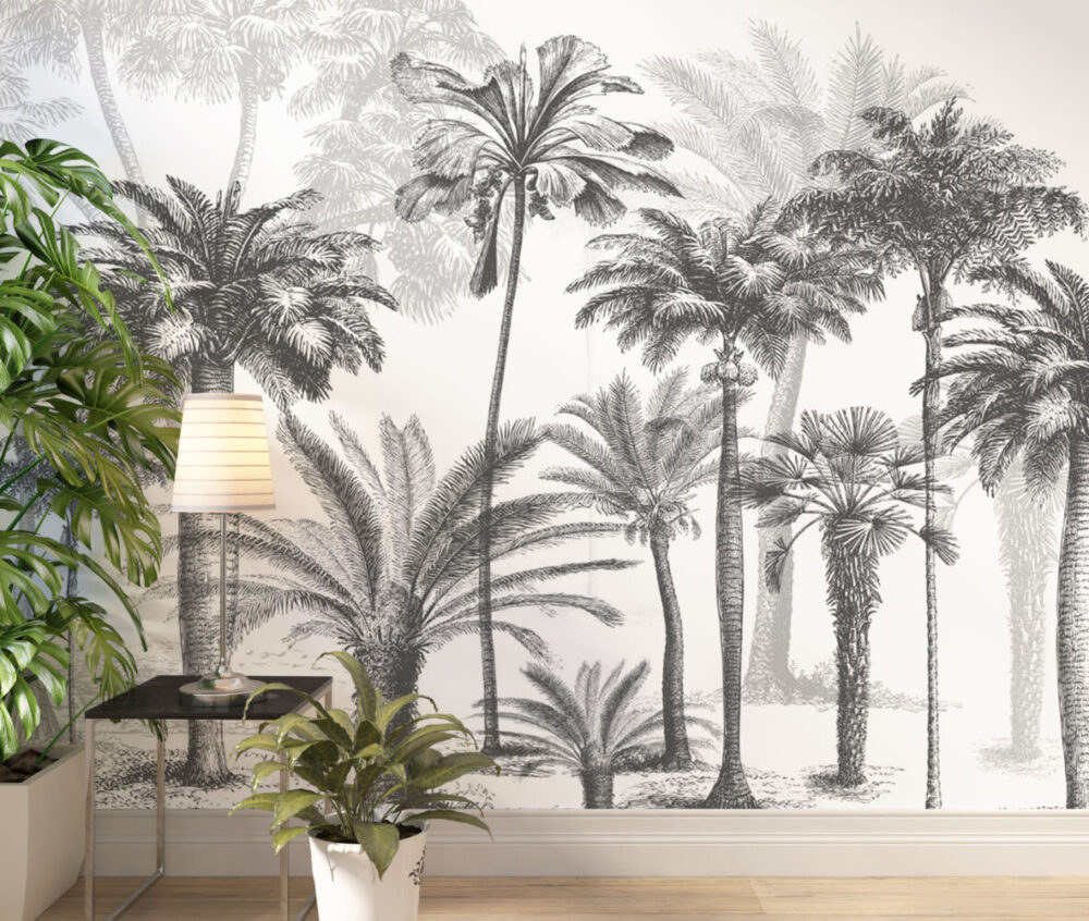 Black and White Tropic Trees Custom Size Wallpaper