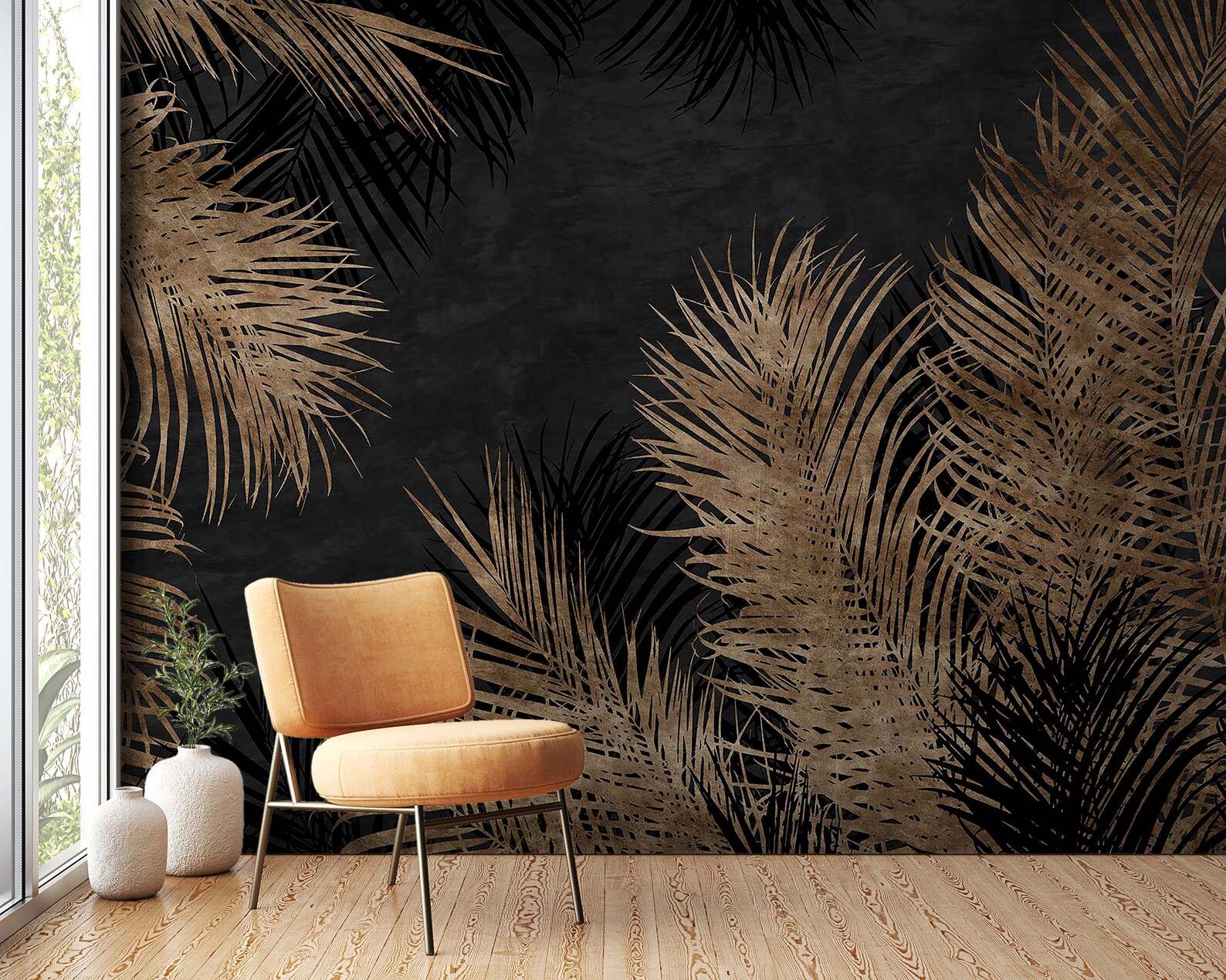 Gold Palm Leaf Wallpaper, Hand Drawn Wall Mural – Muros Wallpapers